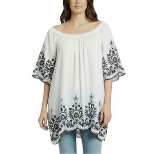 Liv Los Angeles Elegant White and Black Embroidered Women's Tunic Top 2X
